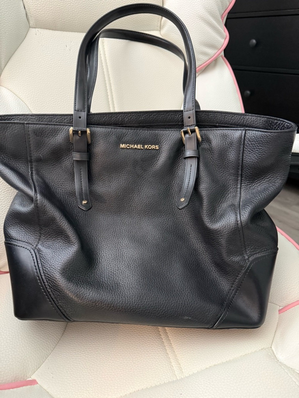 Michael Kors Black Pebbled Leather Shoulder Tote with Gold Logo